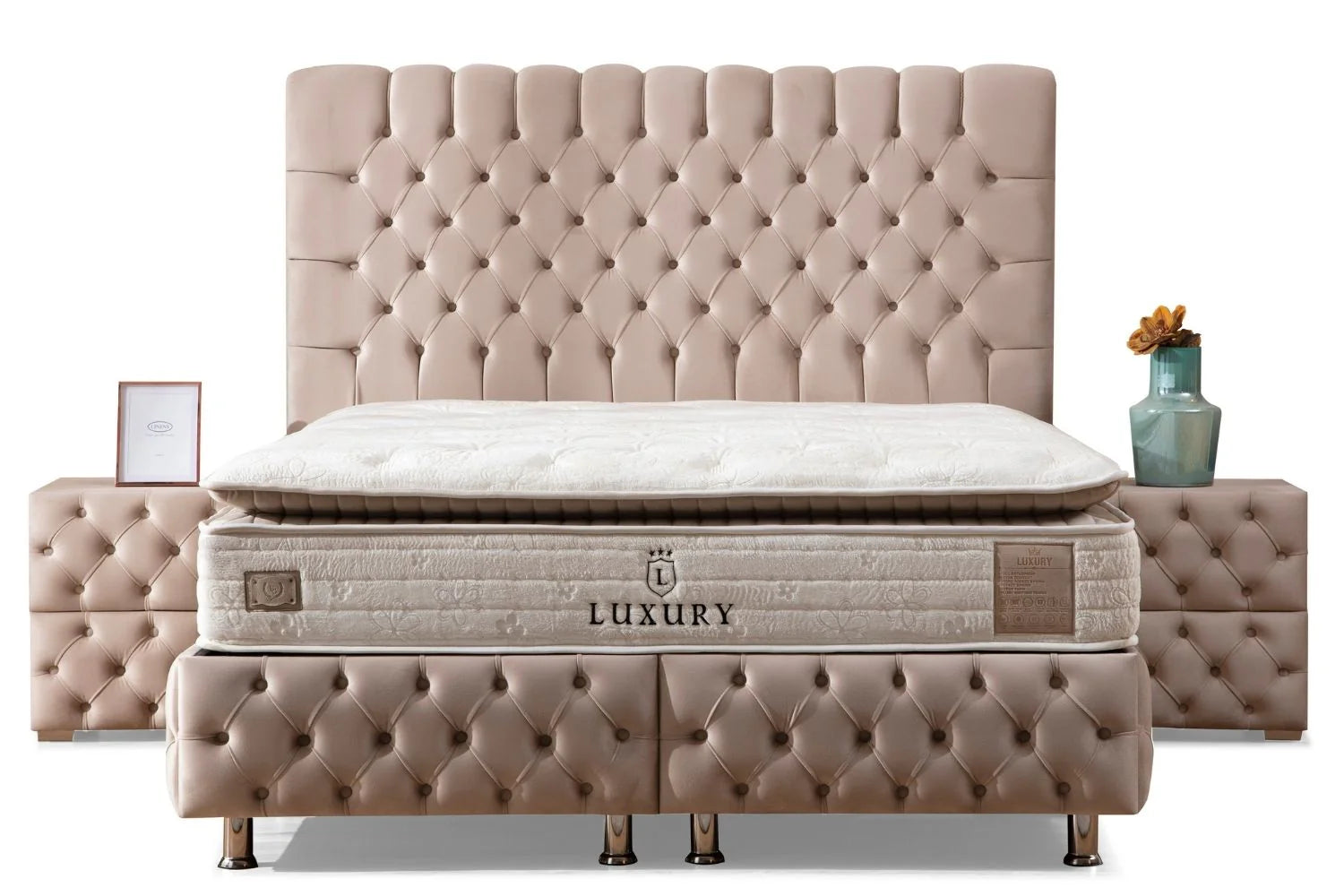 Lit Coffre LUNA BEIGE - Velours Capitonné