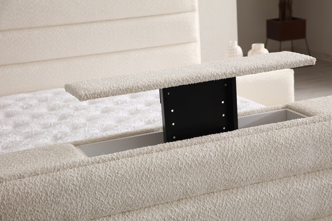Lit Coffre TV Intégré ICONTY BLANC CASSÉ - Chenille