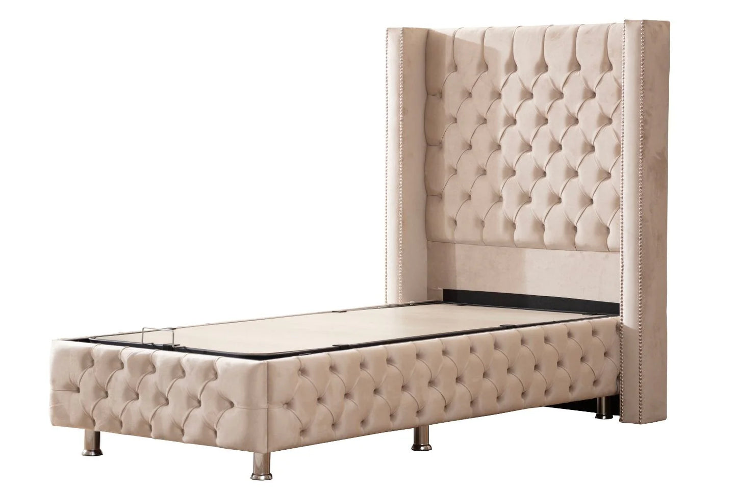 Lit Coffre 1 Place CLOUTÉ BEIGE - Velours
