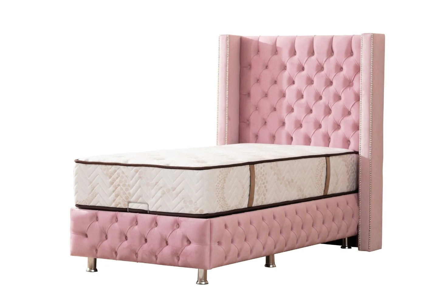 Lit Coffre 1 Place CLOUTÉ ROSE - Velours