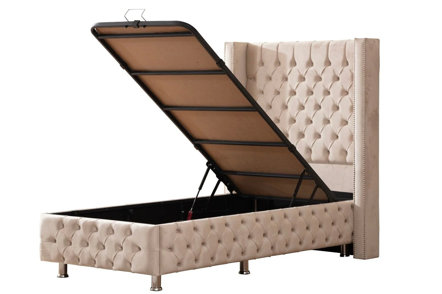 Lit Coffre 1 Place CLOUTÉ BEIGE - Velours