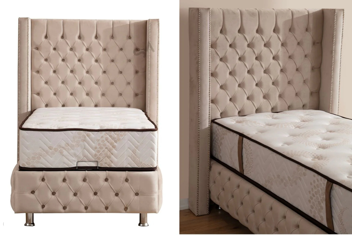 Lit Coffre 1 Place CLOUTÉ BEIGE - Velours