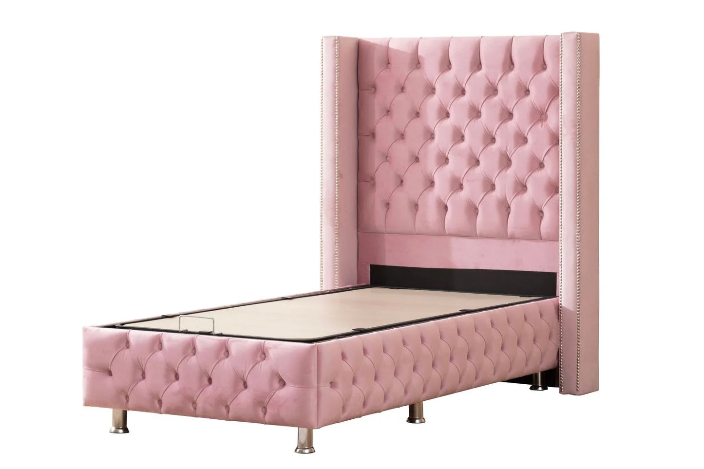Lit Coffre 1 Place CLOUTÉ ROSE - Velours