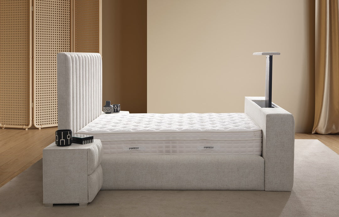 Lit Coffre TV Intégré CRAFTY BLANC CASSÉ - Chenille