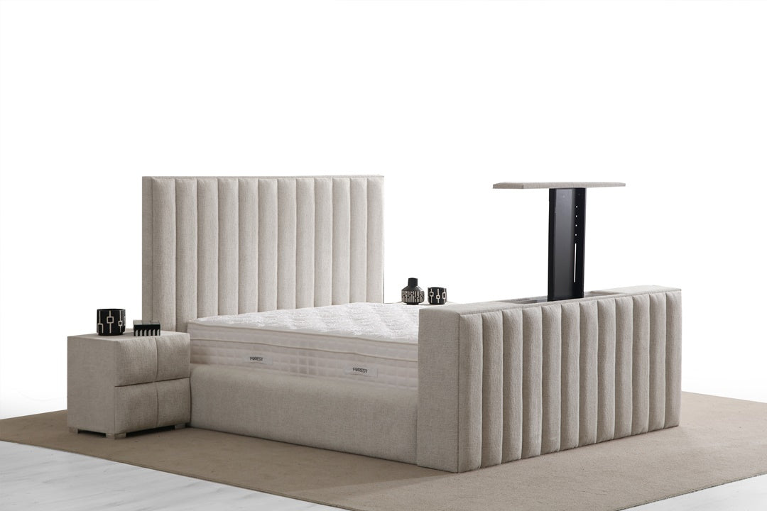 Lit Coffre TV Intégré CRAFTY BLANC CASSÉ - Chenille