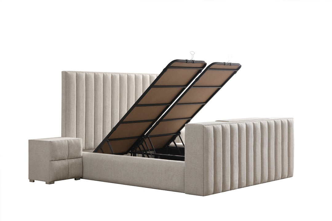 Lit Coffre TV Intégré CRAFTY BLANC CASSÉ - Chenille