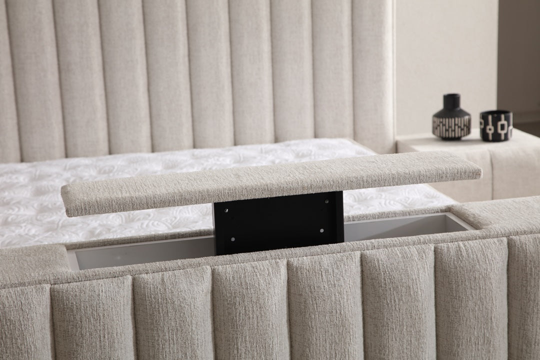 Lit Coffre TV Intégré CRAFTY BLANC CASSÉ - Chenille