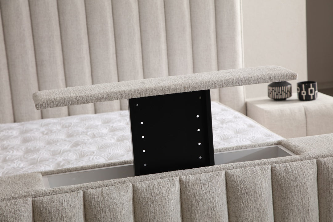 Lit Coffre TV Intégré CRAFTY BLANC CASSÉ - Chenille