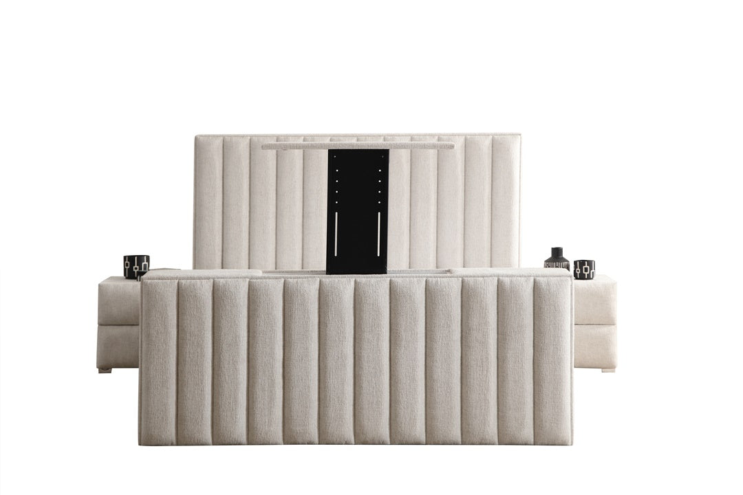 Lit Coffre TV Intégré CRAFTY BLANC CASSÉ - Chenille