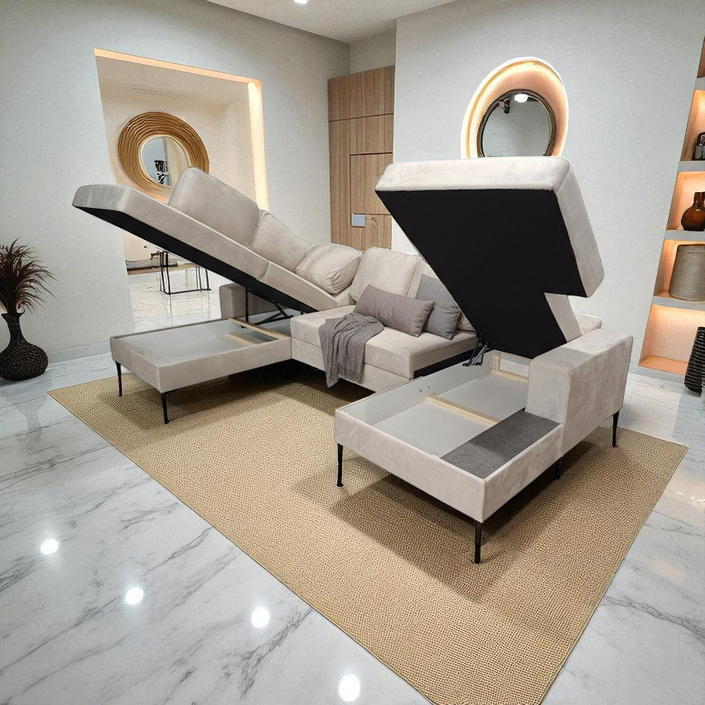 Canapé Panoramique Convertible Vianna Velours Beige
