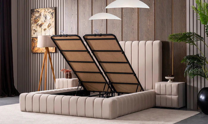 Lit Coffre PAYLA BEIGE - Velours