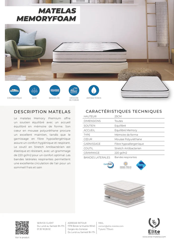 Matelas Mousse Elite Premium - 25 cm Memory
