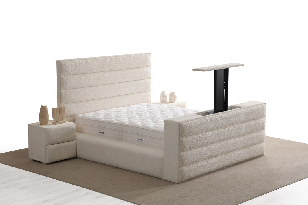 Lit Coffre TV Intégré ICONTY BLANC CASSÉ - Chenille