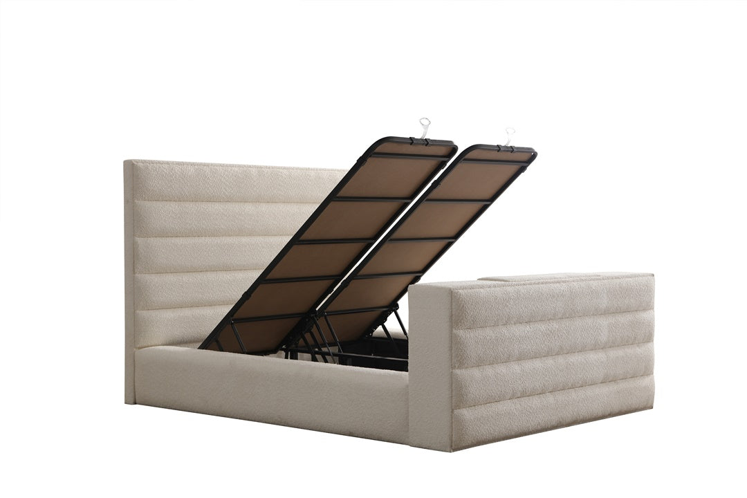 Lit Coffre TV Intégré ICONTY BLANC CASSÉ - Chenille