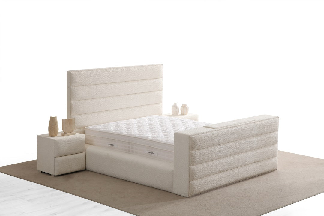 Lit Coffre TV Intégré ICONTY BLANC CASSÉ - Chenille