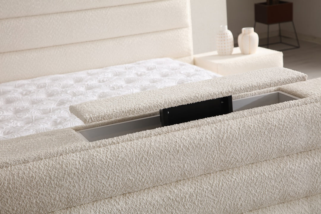 Lit Coffre TV Intégré ICONTY BLANC CASSÉ - Chenille