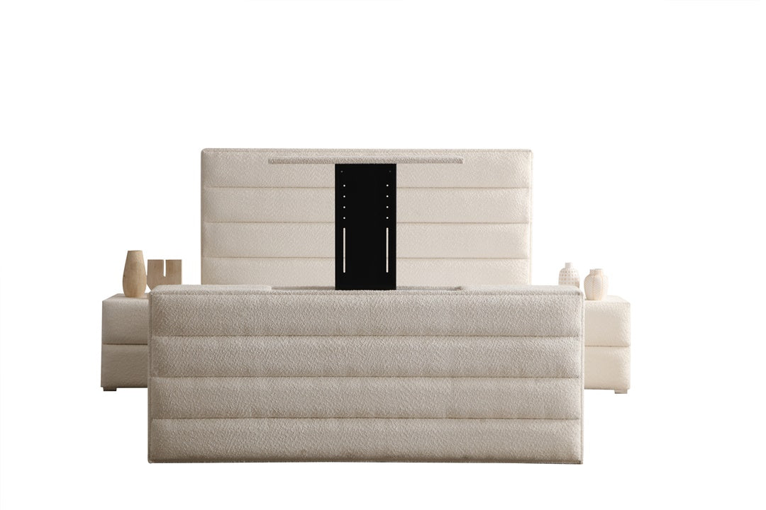 Lit Coffre TV Intégré ICONTY BLANC CASSÉ - Chenille