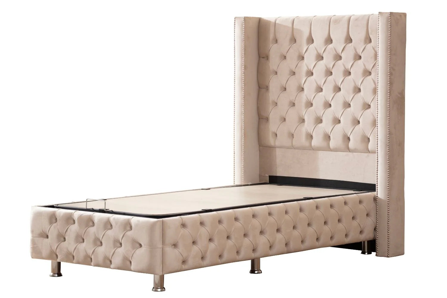 Lit Coffre 1 Place CLOUTÉ BEIGE - Velours