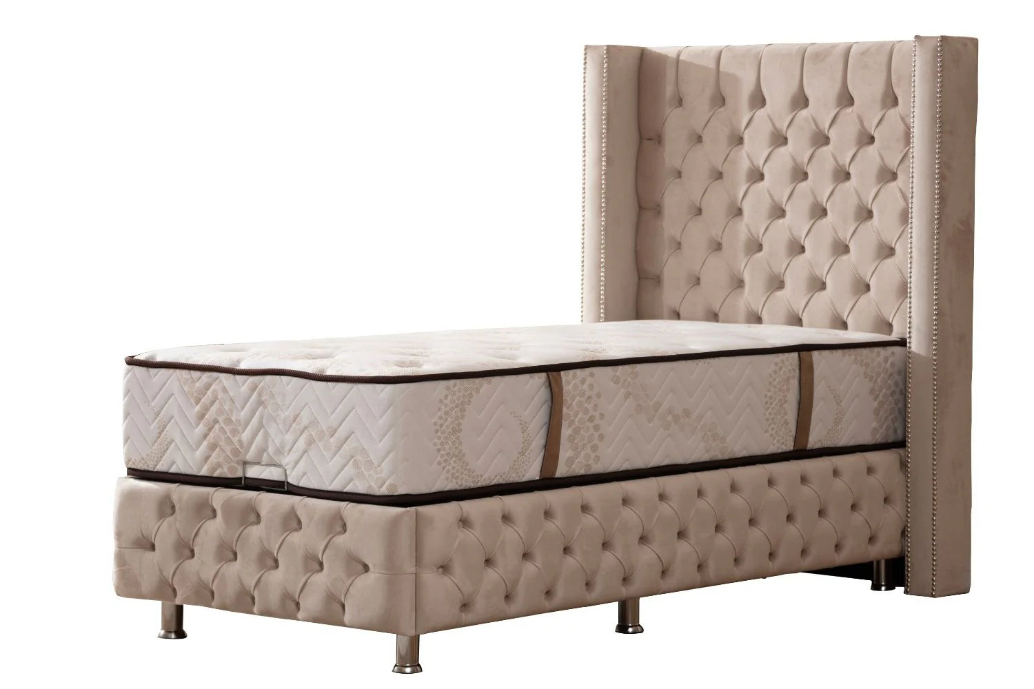 Lit Coffre 1 Place CLOUTÉ BEIGE - Velours