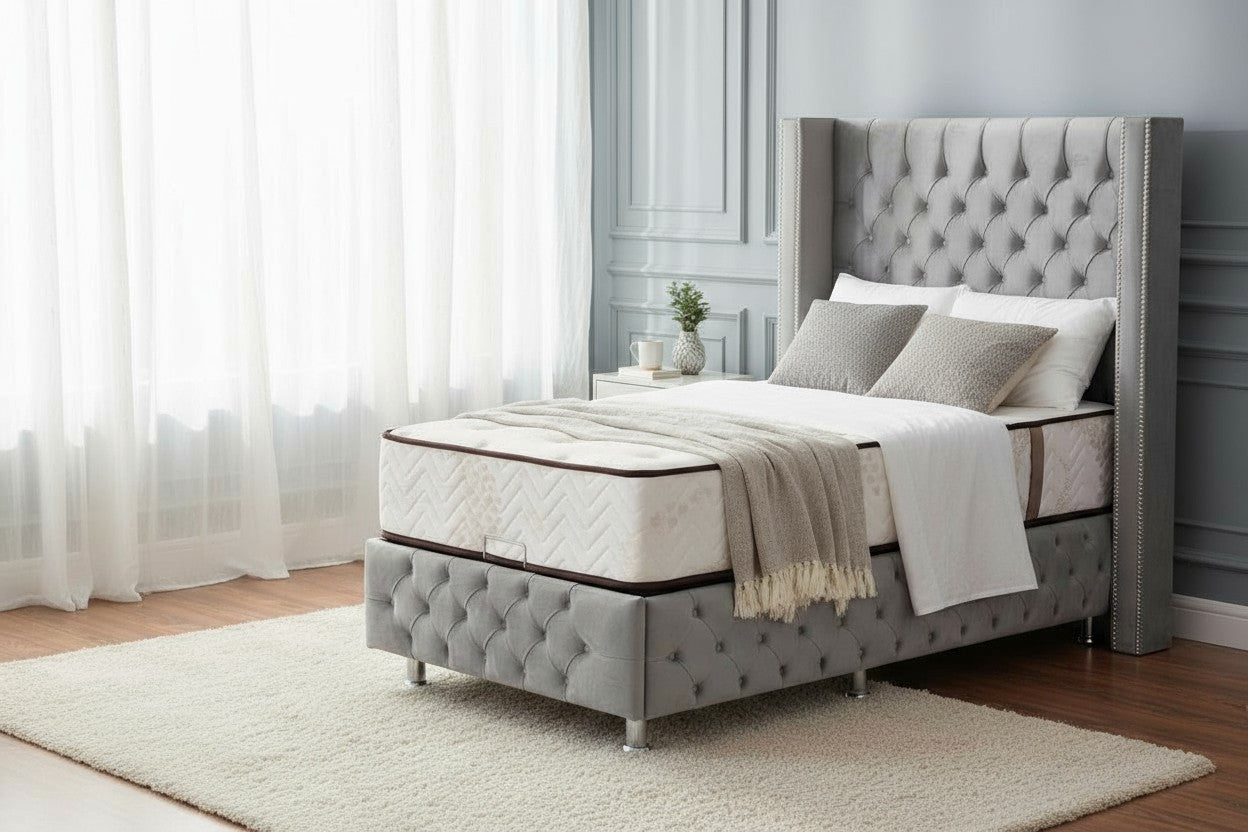 Lit Coffre 1 Place CLOUTÉ GRIS - Velours