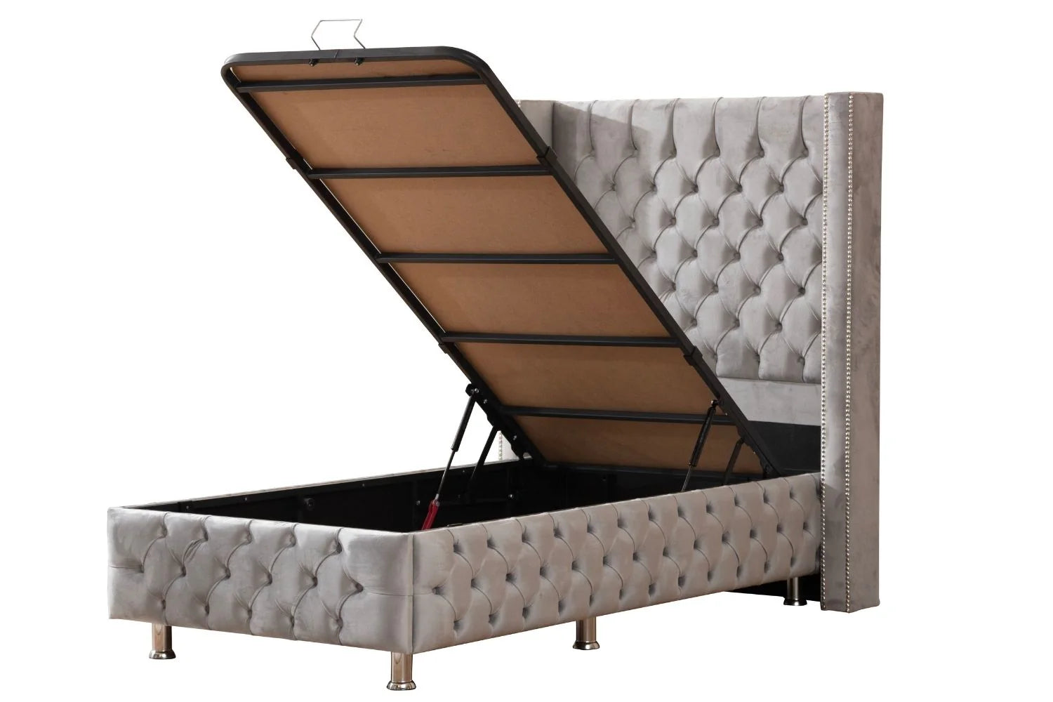 Lit Coffre 1 Place CLOUTÉ GRIS - Velours