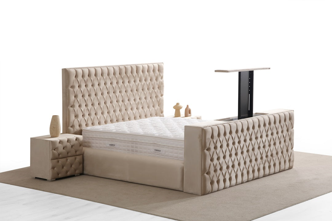 Lit Coffre TV Intégré CAPITY BEIGE - Velours