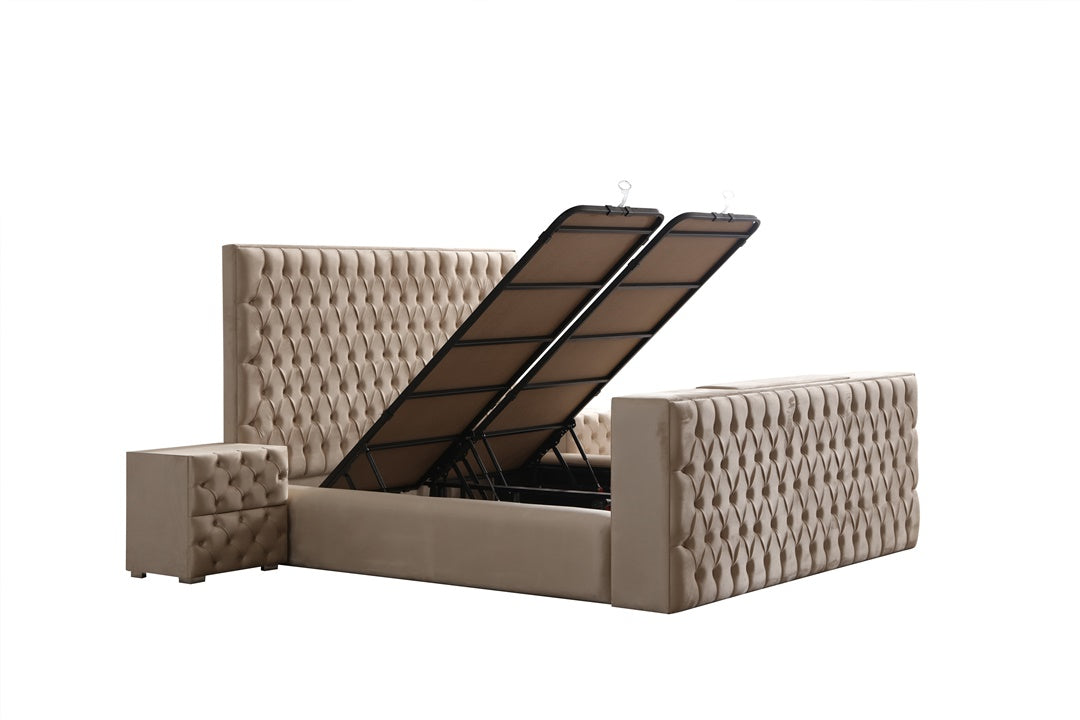 Lit Coffre TV Intégré CAPITY BEIGE - Velours