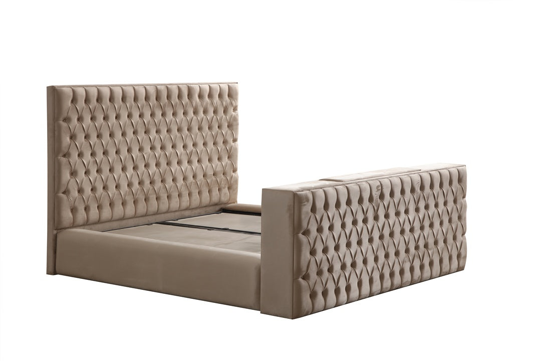 Lit Coffre TV Intégré CAPITY BEIGE - Velours