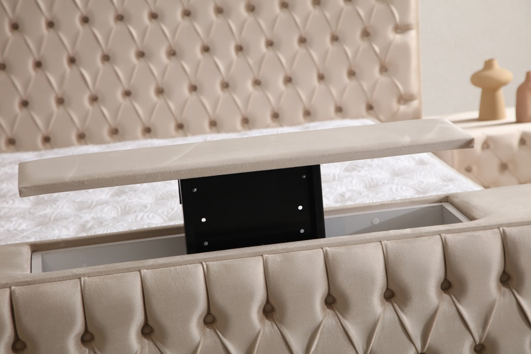 Lit Coffre TV Intégré CAPITY BEIGE - Velours