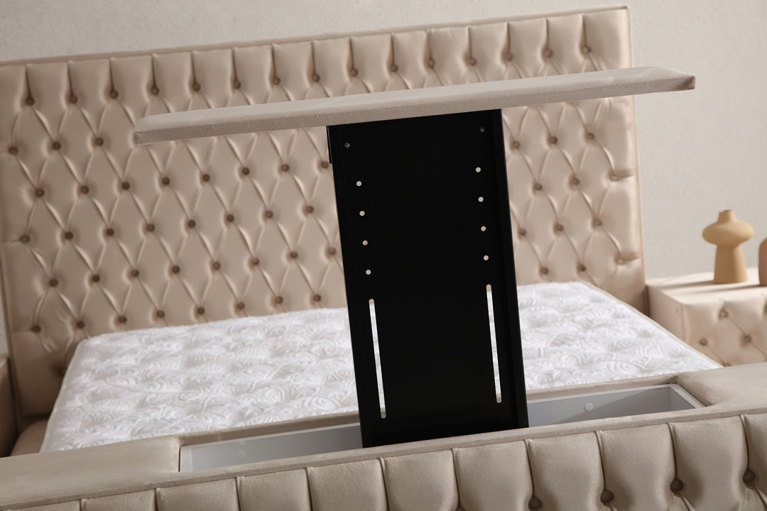 Lit Coffre TV Intégré CAPITY BEIGE - Velours