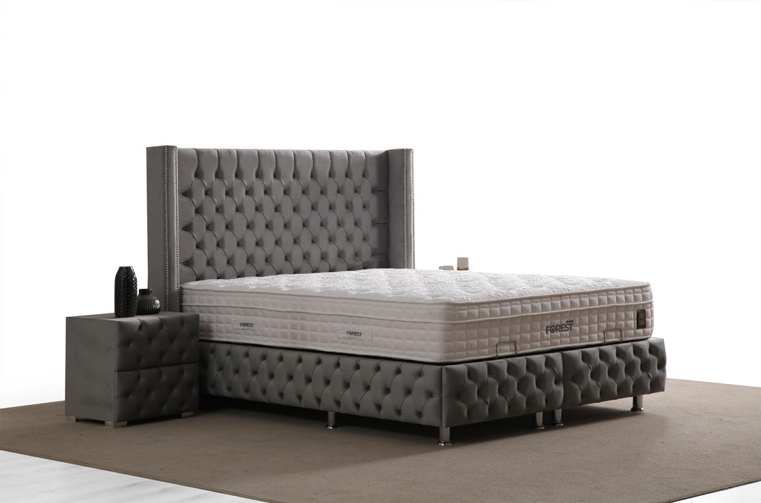 Lit Coffre CLOUTÉ GRIS FONCÉ - Velours Capitonné