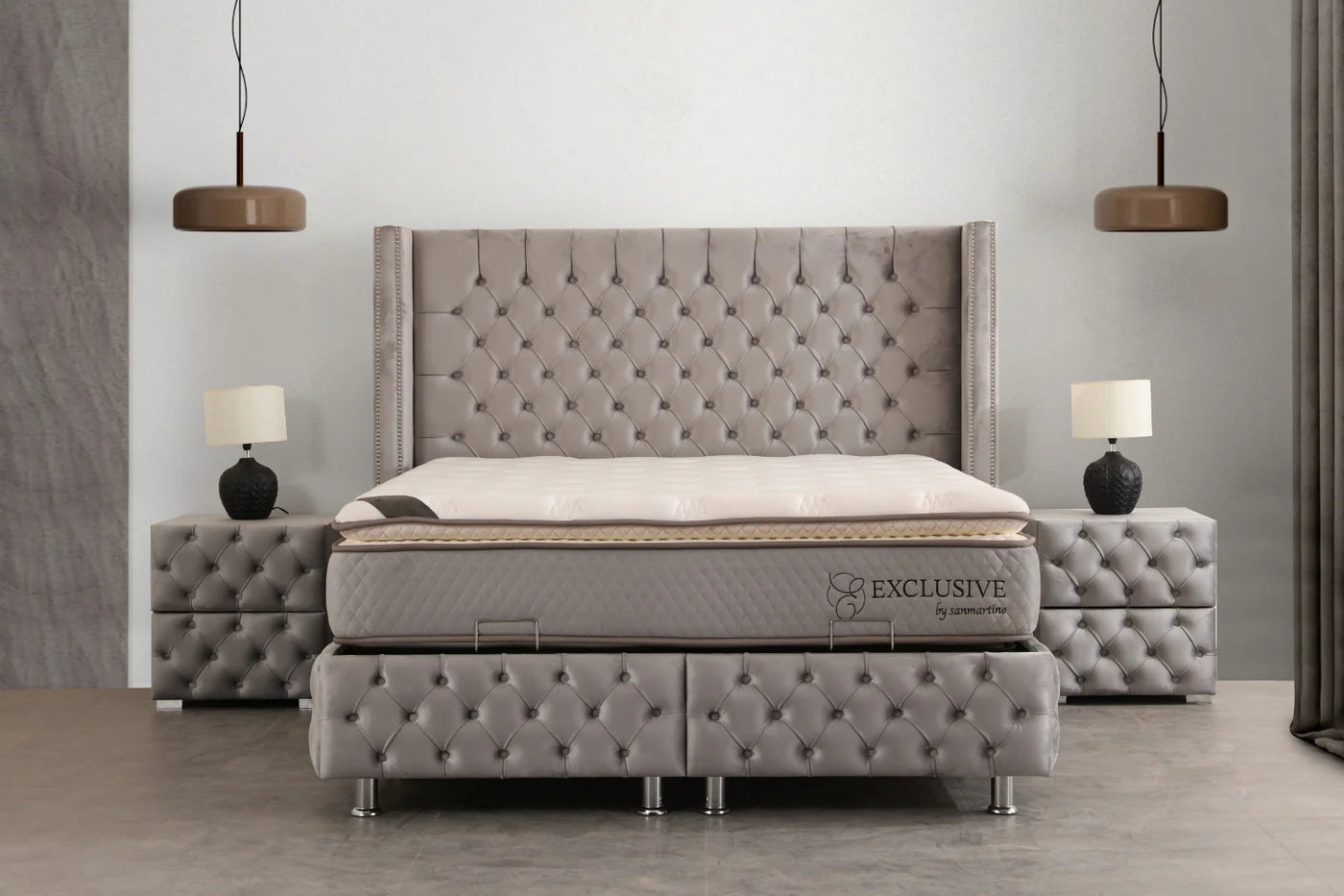 Lit Coffre CLOUTÉ GRIS - Velours Capitonné