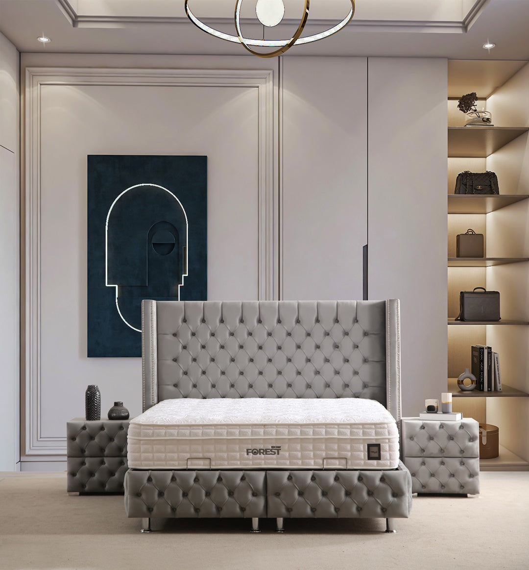 Lit Coffre CLOUTÉ GRIS FONCÉ - Velours Capitonné