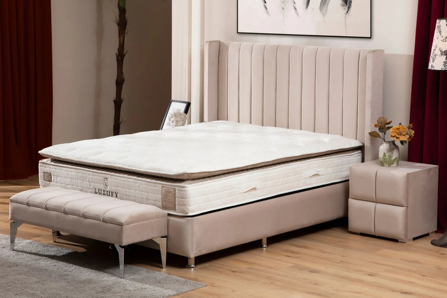 Lit Coffre SANA BEIGE - Velours