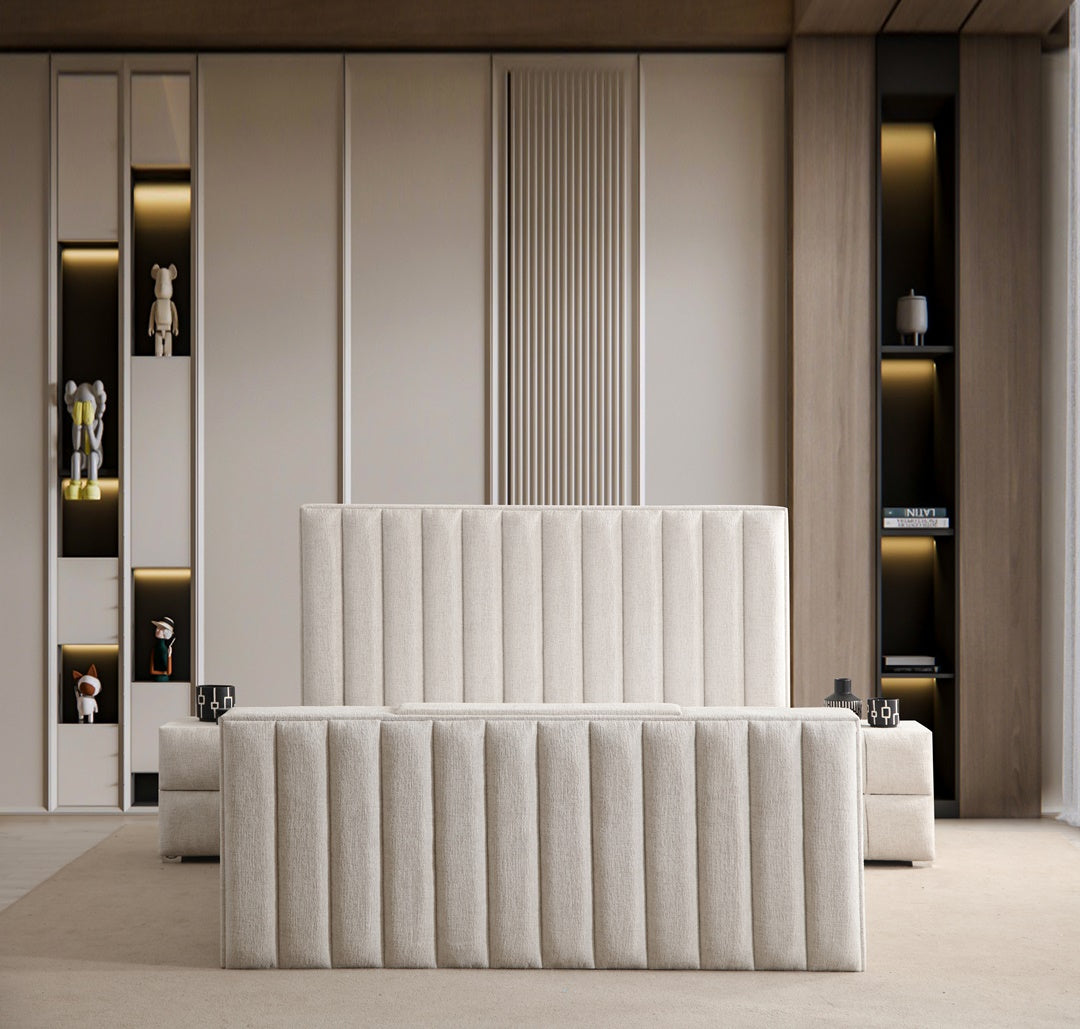 Lit Coffre TV Intégré CRAFTY BLANC CASSÉ - Chenille