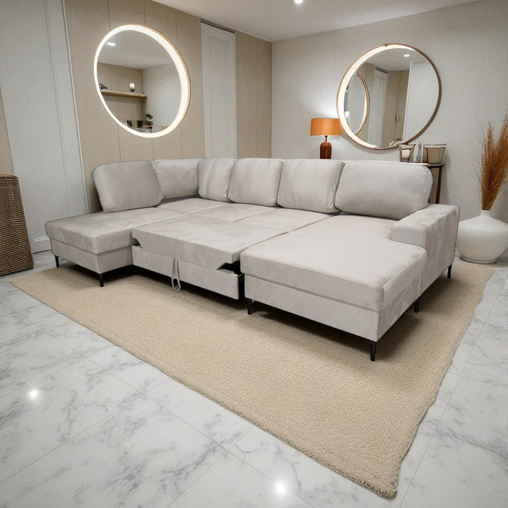 Canapé Panoramique Convertible Vianna Velours Beige