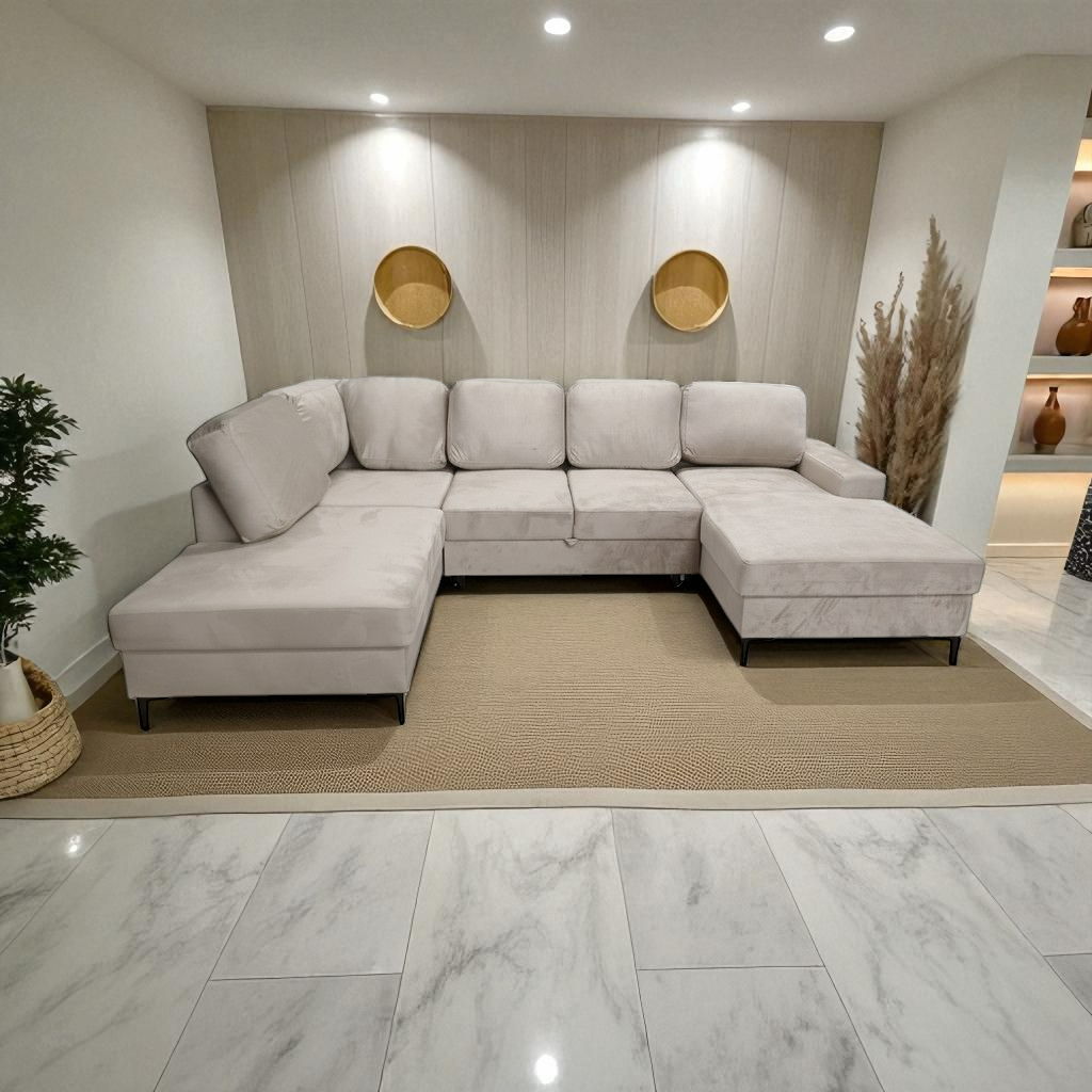Canapé Panoramique Convertible Vianna Velours Beige